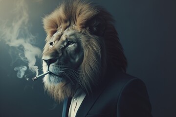 A sophisticated lion in a suit exudes confidence as he takes a drag from his cigarette, radiating power and style.