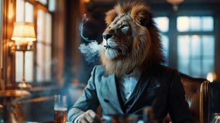 A sophisticated lion in a suit exudes confidence as he takes a drag from his cigarette, radiating power and style.