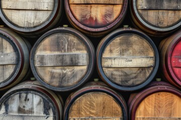 Obraz premium Close-up shot of stacked vintage wine barrels at the vineyard.