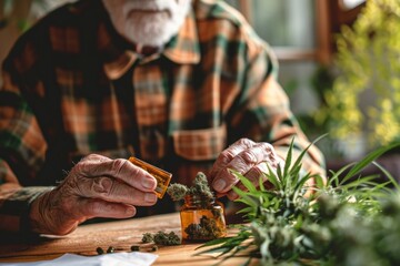 Elderly patient measures out cannabis buds for medical prescription to alleviate rheumatic pain with CBD. - obrazy, fototapety, plakaty
