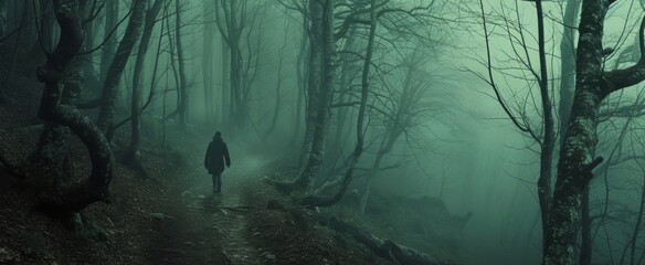 Mysterious Journey of a Solitary Figure Wandering Through a Foggy Enchanted Forest with Eerie Trees and Misty Path