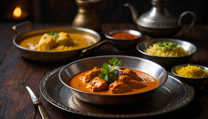 A close up of butter chicken served in a traditional metal thali, placed on a dark wooden table, with the vibrant colors of the dish contrasting beautifully against the rustic backdrop, evoking a sens - obrazy, fototapety, plakaty