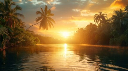 Fototapeta na wymiar Sunrise casts a golden glow over the Amazon river as it winds through the lush jungle foliage.
