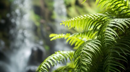 Ferns with a soft focus background of a waterfall. 