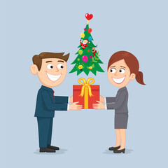 Businessman presenting big gift box to woman.Christmas gifts and presents concept.illustration vector eps10 cartoon.  