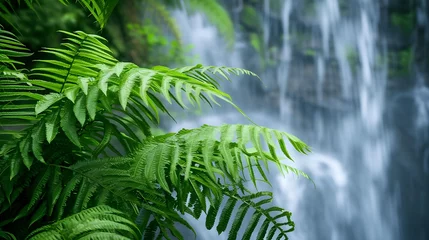 Papier Peint photo Vert Ferns with a soft focus background of a waterfall. 