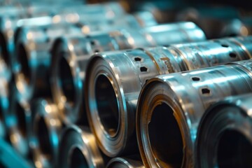 Heavy industrial production yields rolls of aluminum fittings. - obrazy, fototapety, plakaty
