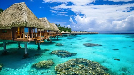 Exotic beach hut village with overwater bungalows and coral reefs 