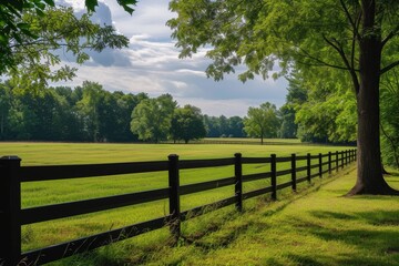 Fototapeta na wymiar In America a rural property is lined with a black metal fence surrounded by a summer field and trees