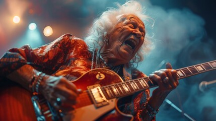 Grandma rocks out on stage, proving age is just a number with her electric guitar and powerful...