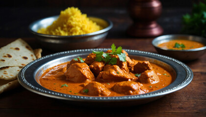 A close up of butter chicken served in a traditional metal thali, placed on a dark wooden table, with the vibrant colors of the dish contrasting beautifully against the rustic backdrop, evoking a sens - obrazy, fototapety, plakaty