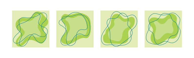 A set of spring, square backgrounds in the form of random spots on a light green background. Vector illustration of light green color. Abstract hand drawn spots. Abstract background for design