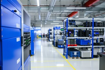 State-of-the-art warehouse boasts advanced electronics for efficient storage and sorting of merchandise. - obrazy, fototapety, plakaty