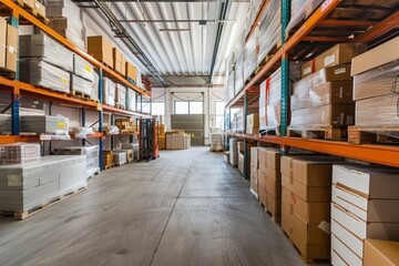 State-of-the-art warehouse boasts advanced electronics for efficient storage and sorting of merchandise. - obrazy, fototapety, plakaty