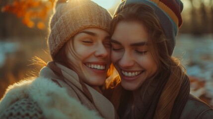 Lesbian couple sharing a tender embrace, kissing and smiling at sunset in an autumnal setting, celebrating their love.