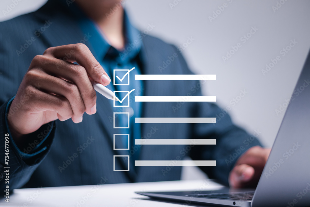 Poster questionnaire with checkboxes, filling survey form online, answer questions of test. survey form con