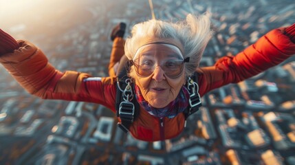 Senior skydiver takes selfie mid-air, embracing life's sunset with colorful adventure.
