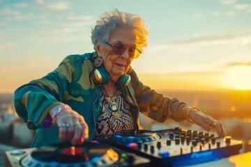 Energetic grandma spinning beats on the decks, proving age is just a number in the vibrant world of...