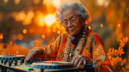 Fototapeta premium Energetic grandma spinning beats on the decks, proving age is just a number in the vibrant world of electronic music.