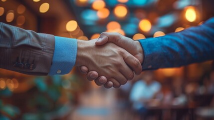Business partners seal the deal with a firm handshake, signifying a successful agreement and collaboration for future success. - obrazy, fototapety, plakaty