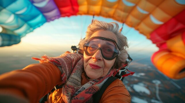 Grandma's adventurous spirit soars high as she snaps a selfie while skydiving, embracing the vibrant colors of life's sunset.