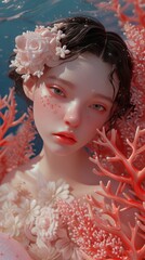 girl's face in coral and algae portrait.