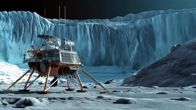 A space lander set upon the icy surface, with a massive ice wall in the background, the environment enveloped in silence.
