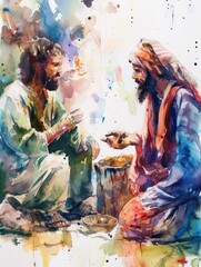 Jesus and Philip Discussing the Miracle of Multiplication of Loaves and Fishes Generative AI