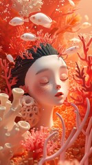 girl's face in coral and algae portrait.