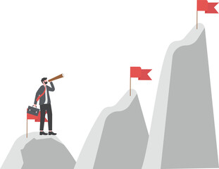 Fototapeta premium Business goals; Businessman looking binoculars on top of the mountain for looking to another next 2024 and 2025 years Concept of investment Vector illustration