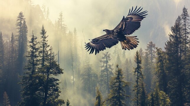 Create a stunning double exposure image of a serene forest landscape blending with a majestic eagle in flight
