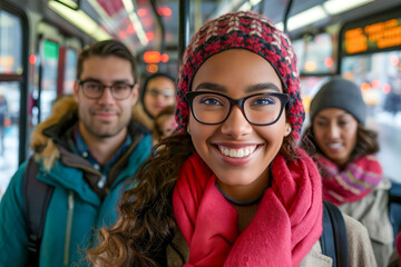 Joyful Woman with Glasses and Friends on City Bus
