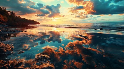 Create a mesmerizing double exposure of a tranquil beach at sunset reflecting in the serene waters of a calm bay