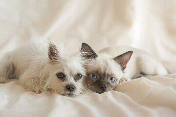 A furry feline and a playful pup nestled together against a warm, neutral backdrop, with room for your message.
