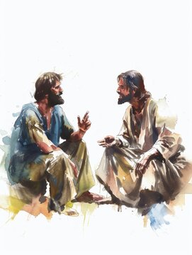 Meaningful Conversation: Jesus and Thomas Discuss Doubt and Faith in Watercolor Art Generative AI