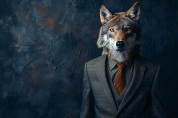 The dapper wolf posed confidently, exuding sophistication in his tailored suit and sleek tie, embodying the perfect blend of beastly charm and human style.