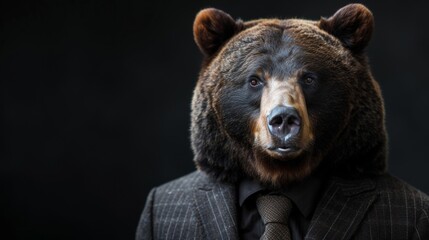Fototapeta premium Stylish black bear poses confidently in a tailored suit and sleek tie, embodying the perfect blend of animal charm and contemporary fashion.