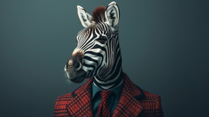 Dapper zebra struts in tailored suit, exuding confidence with a stylish tie - an animal embodying suave sophistication.