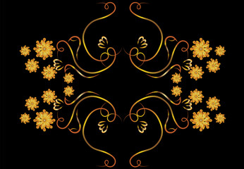 Fantasy symmetrical beautiful pattern. Flowers, leaves, curls. Gold illustration on a black background with space for an inscription. Print on fabric. Postcard with space for an inscription. .Vector.