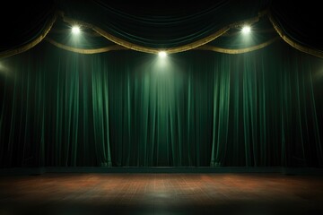 Empty theater stage with green velvet curtains and spotlights for congratulations,green velvet curtains draped on a empty stage. wood floor., AI generated