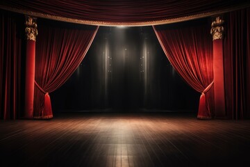 Red velvet curtains draped on an empty stage. wood floor, Empty theater stage with red velvet curtains and spotlights for congratulations., AI generated - obrazy, fototapety, plakaty