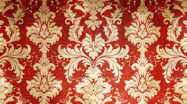 The elegant red damask pattern provided a luxurious backdrop for the room's decor.