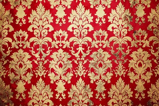 The elegant red damask pattern provided a luxurious backdrop for the room's decor.