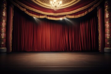 Red velvet curtains draped on an empty stage. wood floor, Empty theater stage with red velvet curtains and spotlights for congratulations., AI generated