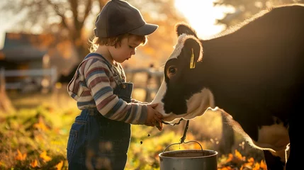 Fotobehang Child milking a cow at a family farm during autumn season © PSCL RDL