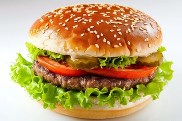 Delicious burger on white backdrop