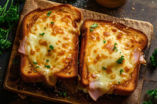 Croque Monsieur a traditional French sandwich with ham cheese and bechamel sauce as seen from above