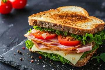 Ham cheese tomatoes lettuce and toasted bread sandwich against a dark background