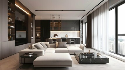 Bright moody beautiful interior design living room with low sofa marble accent professionally styled minimal modern penthouse loft.