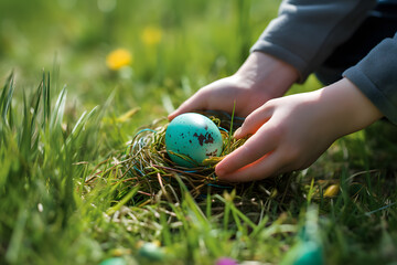 Close up of child's hands picking up blue Easter egg in nest from grass during Easter egg hunt event